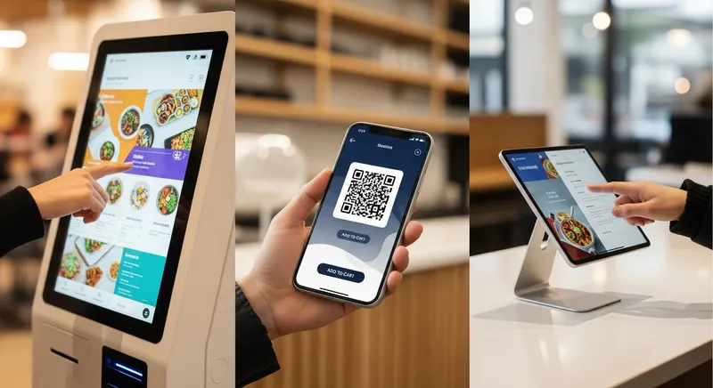 Examples of self-service ordering: a kiosk, QR code on a phone, and a countertop tablet.