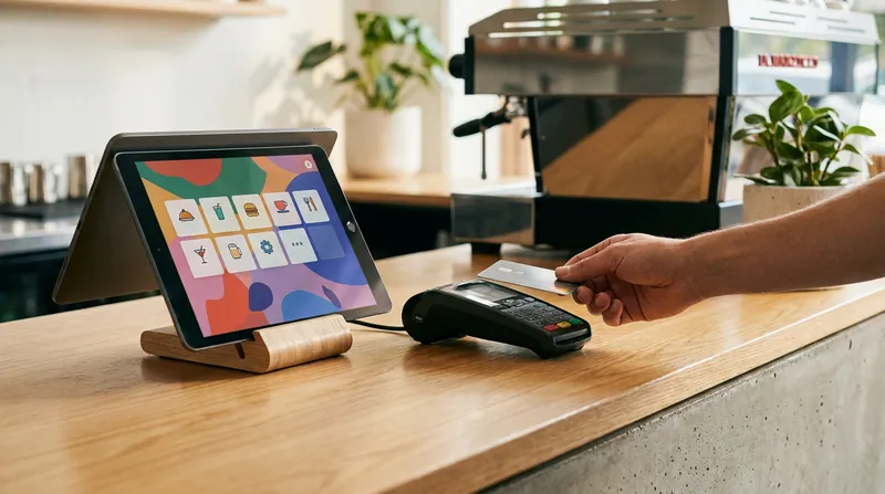 A customer tapping a contactless card on an EFTPOS terminal next to an iPad displaying a modern restaurant and cafe POS system interface on a bright wooden counter.