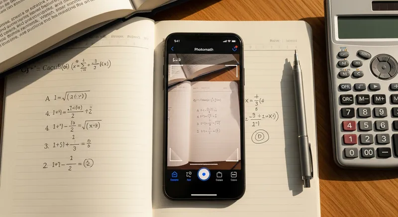 A student using the Photomath math solver app on a sunlit desk to scan a calculus notebook.