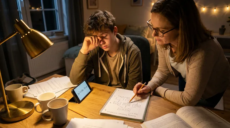 Parent helping student solve algebra equations using a factoring trinomials flowchart