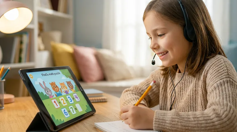 A warm digital illustration of a young child resting their head in their hands at a school desk with a gently frustrated expression, surrounded by soft, glowing math symbols and a faint analog clock in a cozy, pastel-colored room.