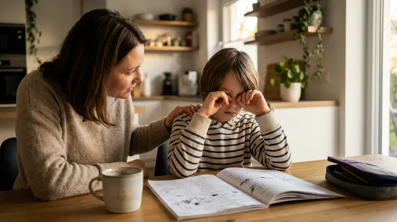 A parent and child sit together at a kitchen table, smiling warmly over an open math workbook, illustrating a stress-free and supportive homework moment.