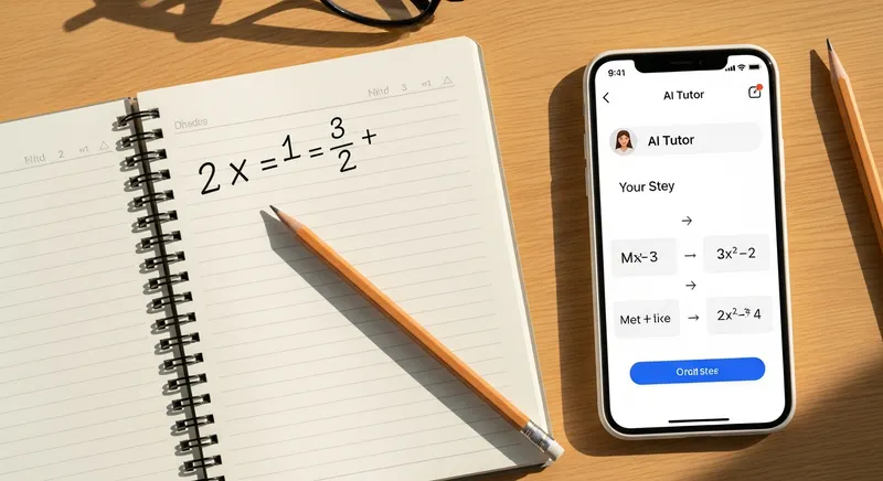 Student workspace with notebook showing handwritten algebra problem and smartphone displaying TutorAI app with step-by-step math solution breakdown.