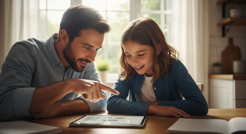 A smiling parent and middle-school student collaborate on homework using an AI tutor on a tablet at a sunlit kitchen table.