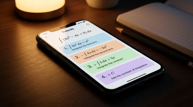 A smartphone screen displaying the Tutor AI app with a step-by-step algebra solution, resting on a desk during a late-night study session.