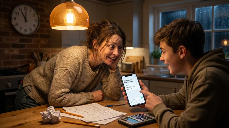 A relieved mother and teenage son sitting at a kitchen table at 11 PM, looking at a step-by-step math homework helper app on a smartphone to solve a difficult algebra worksheet.