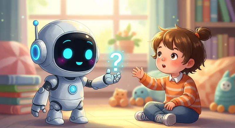 A whimsical watercolor illustration of a friendly, round robot presenting a glowing holographic question mark to a curious young child in a cozy, sunlit room, symbolizing safe AI learning and digital guidance.