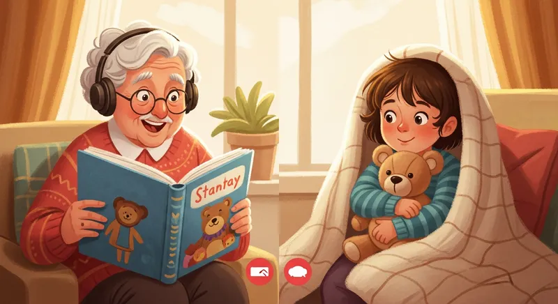 A whimsical digital illustration of a virtual storytime showing a grandparent reading a colorful book to a young child on a video call, capturing a heartfelt long-distance connection in a warm, cozy art style.