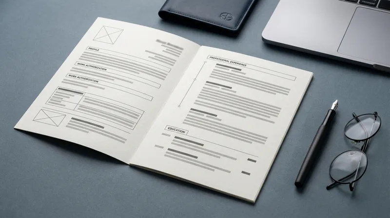 Two-page UK Skilled Worker Visa CV format and template on a modern executive desk with a pen, glasses, and passport holder.