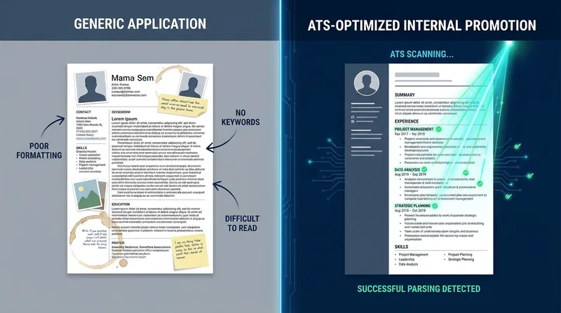 JobSparrow split-screen graphic comparing a cluttered resume with a clean, ATS-optimized resume for an internal promotion being scanned by a digital laser.