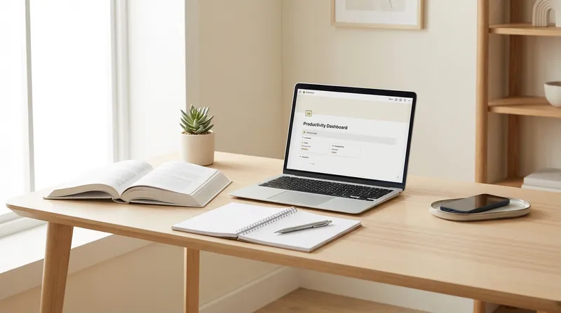 A bright, minimalist student study space with a light wooden desk holding an open laptop, textbook, and notebook. A smartphone is intentionally placed face down, out of immediate reach, symbolizing digital wellness and focused study. Soft natural light fills the room, which features a small potted plant and neutral decor.