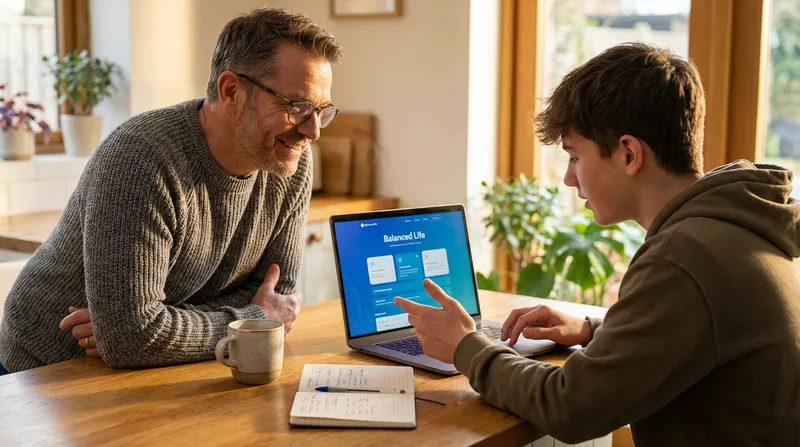 A supportive parent leans in, actively listening, as their teenager points to a digital wellness application on a laptop, with a notepad nearby, at a modern kitchen table, symbolizing collaborative digital learning and screen time management.