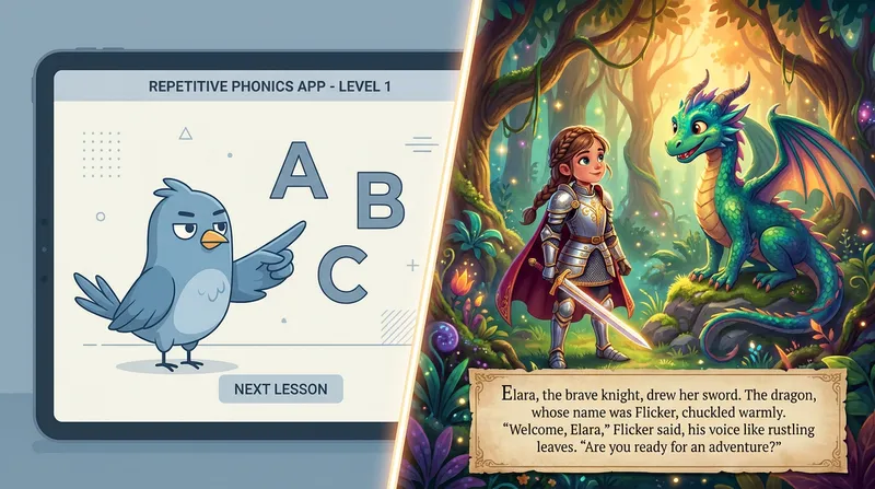 Split-screen illustration contrasting a repetitive phonics app with a generic cartoon bird (left) against a vibrant, personalized AI storybook app featuring a young girl knight and a friendly dragon in a magical forest (right).