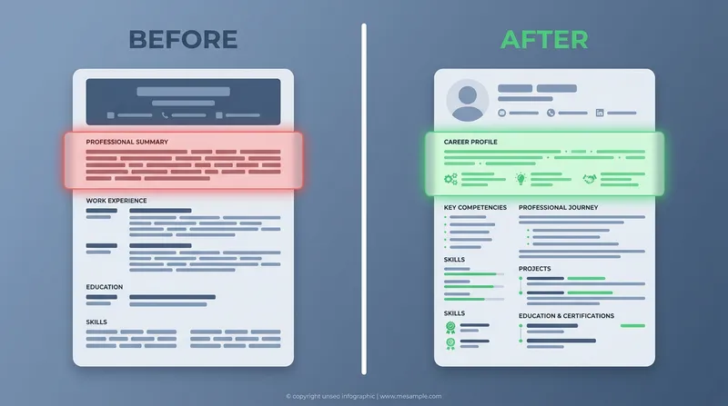 Side-by-side infographic comparing a rigid industry-specific resume layout with a modern transferable-skills-focused resume layout for a career change.