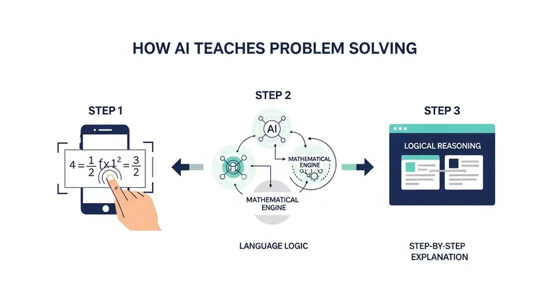 A minimalist vector infographic titled "How AI Teaches Problem Solving" illustrating a three-step process: scanning a handwritten math problem with a smartphone, processing through "Language Logic" and "Mathematical Engine" nodes, and displaying a pedagogical breakdown with logical reasoning and step-by-step explanations.