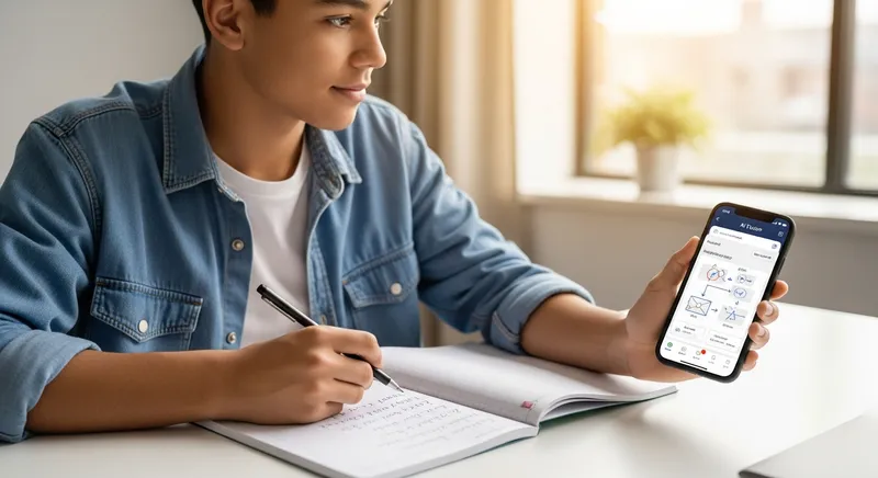 A diverse high school student thoughtfully comparing a handwritten math word problem in their notebook with an AI tutor interface on a smartphone, capturing a moment of academic breakthrough in a bright, modern study space.