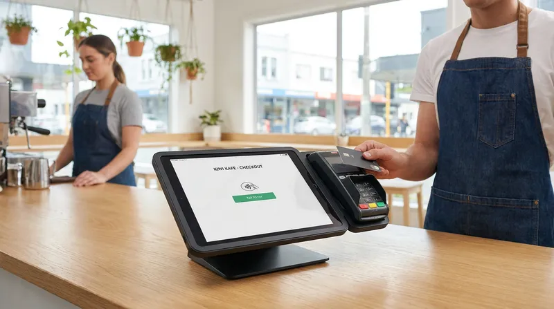 Barista serves customer at modern NZ cafe with integrated iPad POS terminal