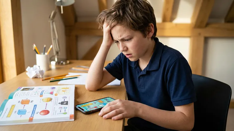 A frustrated school student sits at a desk, looking confused at a smartphone displaying US imperial math units next to an open school textbook showing metric system diagrams.