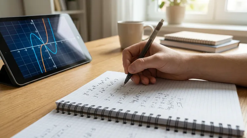 A student writing Algebra 2 formulas in a grid notebook next to a digital tablet displaying a mathematical graph on a bright, minimalist desk.