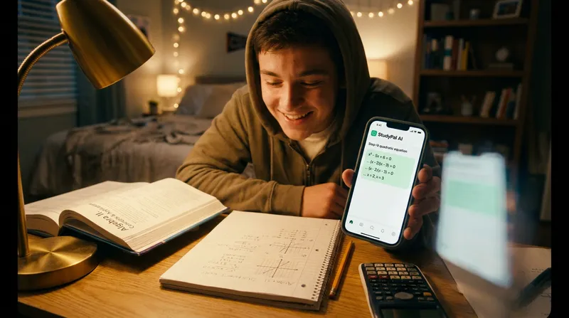 A relieved high school student smiles at their smartphone, which displays a solved quadratic equation on an AI tutoring app, while studying at a cozy, warm-lit desk with an Algebra II textbook, notebook, and calculator.