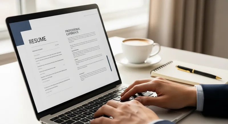 Macro shot of a person editing a professional resume on a sleek laptop in a bright, modern workspace with a flat white coffee and notepad.