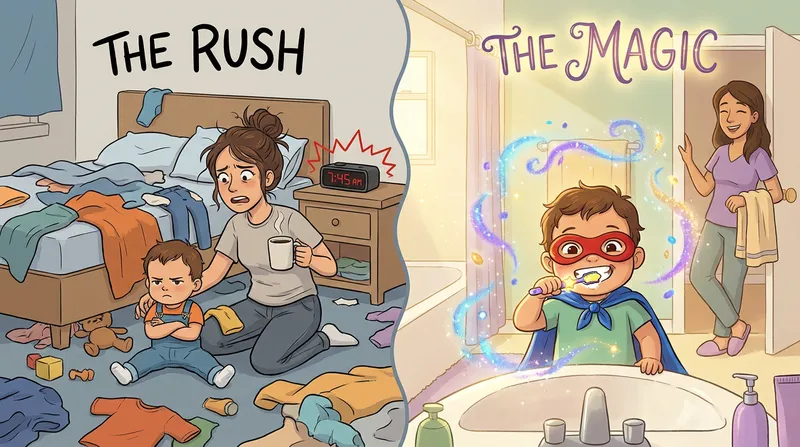 Split-screen illustration of a toddler's morning routine: a stressful, chaotic rush on the left vs. a calm, magical morning with a happy child in a superhero cape on the right.