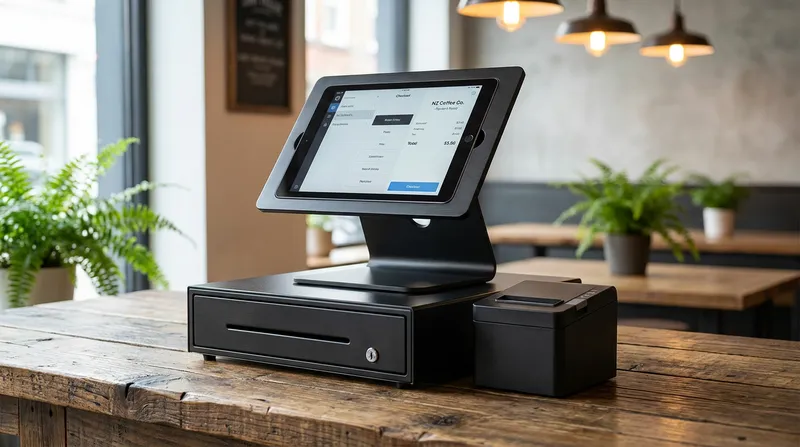 Premium matte black Lazygrid iPad POS stand, matching cash drawer, and receipt printer till bundle on a wooden counter.