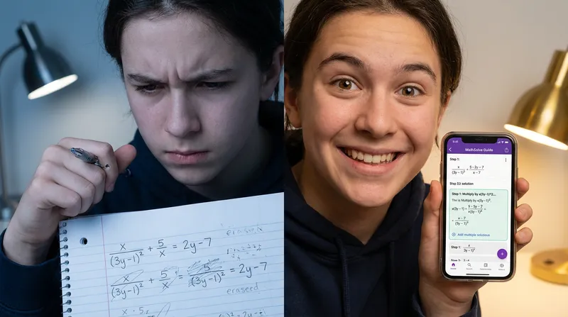 A split-screen image illustrating a high school student's transformation from confusion to clarity. On the left, a frustrated student stares at complex algebraic equations. On the right, the same student smiles confidently while viewing a clear, step-by-step solution on a smartphone.