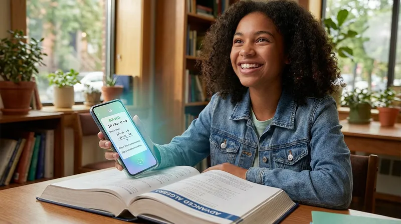 A confident teenage student smiles with relief and understanding, looking up from a smartphone displaying a glowing math solver app interface over an open textbook in a warm, modern study space.