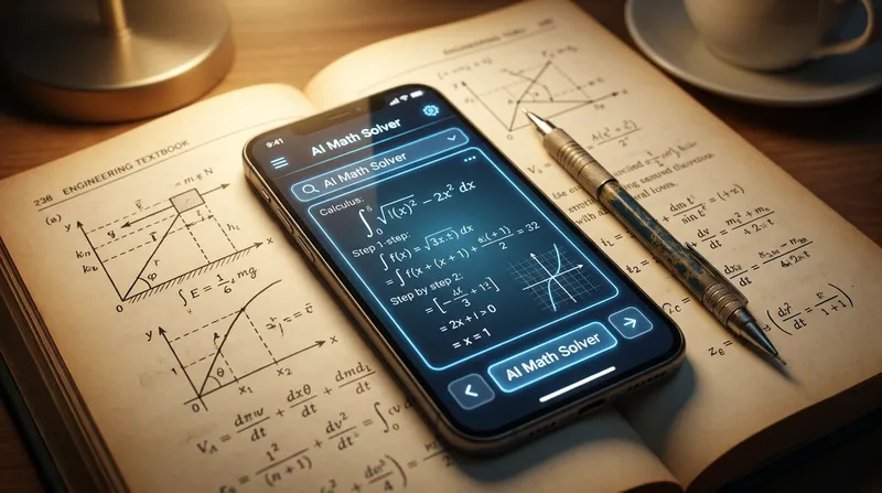 Tutor AI app showing step-by-step calculus solution on smartphone next to open physics textbook.