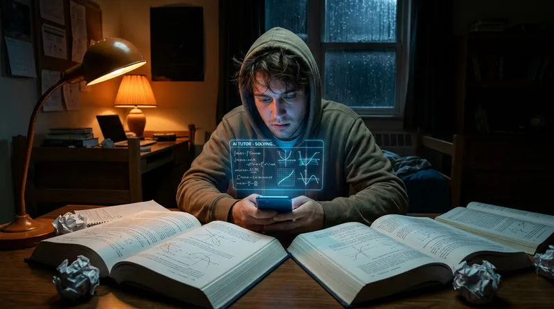 A student studying late at night uses a smartphone AI math and physics solver to help complete complex equations.