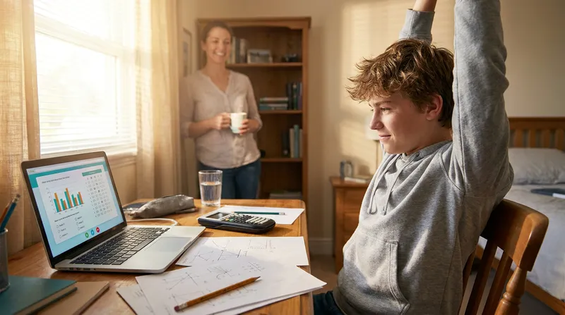 A high school student taking a stretch break during a digital SAT practice exam on a laptop at a sunlit desk, while a supportive parent stands in the background holding a glass of water.