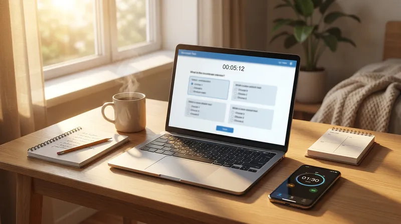 An organized wooden study desk in warm morning light featuring a laptop displaying a Digital SAT practice test, a smartphone stopwatch, and a notebook for a focused SAT prep session at home.