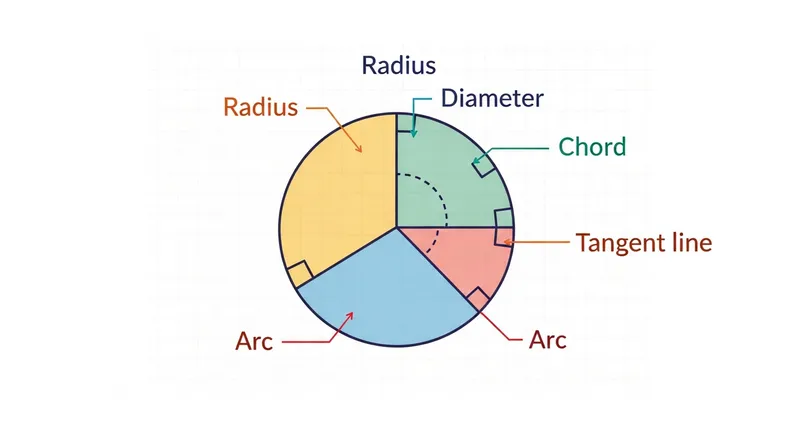 A detailed circle geometry diagram on a grid background, labeling the radius, diameter, chord, tangent line, secant line, and arc in vibrant colors to illustrate fundamental circle theorems.