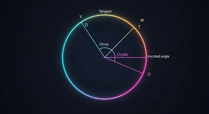 A minimalist digital illustration of a luminous geometric circle on a dark background, featuring glowing neon lines that demonstrate a tangent, chord, central angle, and inscribed angle.