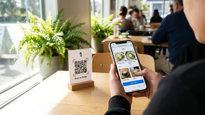 Customer in a modern cafe using a smartphone digital menu app to order and pay, with a tabletop QR code stand nearby.