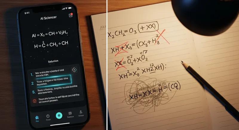 A cinematic diptych showing a student studying an English textbook in a library alongside a close-up of a smartphone displaying an AI English tutor app with detailed grammatical breakdowns.