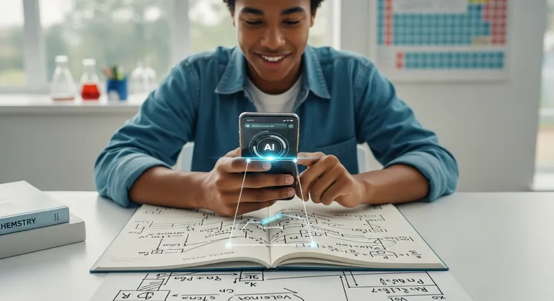 Four diverse high school students collaborating in a modern, sun-drenched learning lounge while using a tablet with a sophisticated AI interface featuring linguistic diagrams for English study.