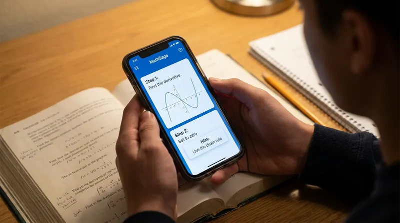 A student holding a smartphone that displays an AI math tutor app over an open calculus textbook on a wooden desk.