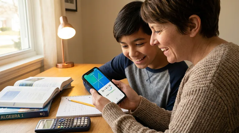 A middle school student and parent review step-by-step math homework help on a smartphone app at a cozy study desk.