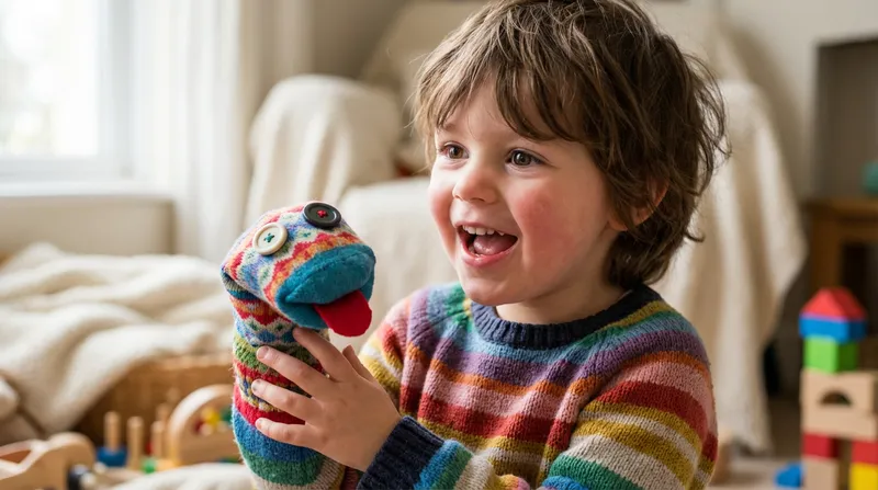 Close-up of a joyful 4-year-old child with bright eyes, bringing a vibrant, hand-stitched sock puppet to life through imaginative storytelling.