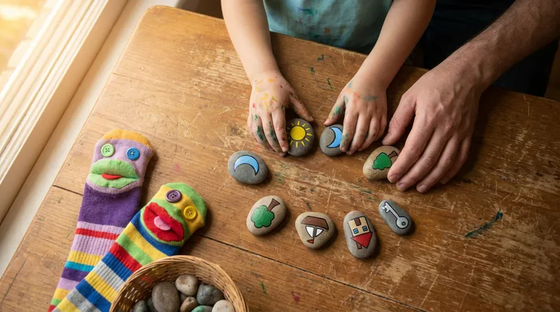 Hands of an adult and preschooler creating with hand-painted story stones and sock puppets on a wooden table, for an imaginative storytelling activity