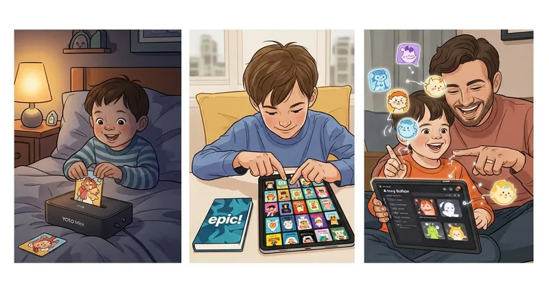 A triptych illustration comparing modern storytelling tools: a child using a Yoto Mini player in a cozy bedroom, a child browsing the Epic! digital library on a tablet, and a parent and child interacting with a creative AI story-builder interface.