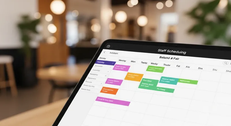 A tablet displaying a modern, color-coded staff scheduling interface in a boutique New Zealand cafe and salon setting, highlighting tech-driven workforce management.