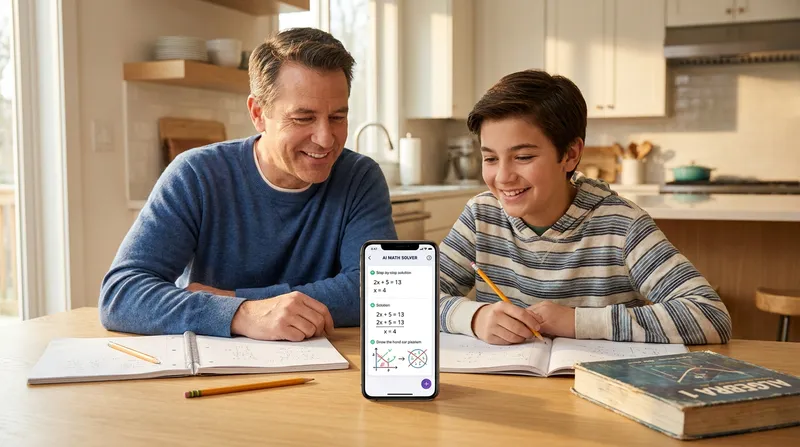 A parent and middle school student happily using an AI math solver app on a smartphone to understand algebra homework together at a kitchen table.