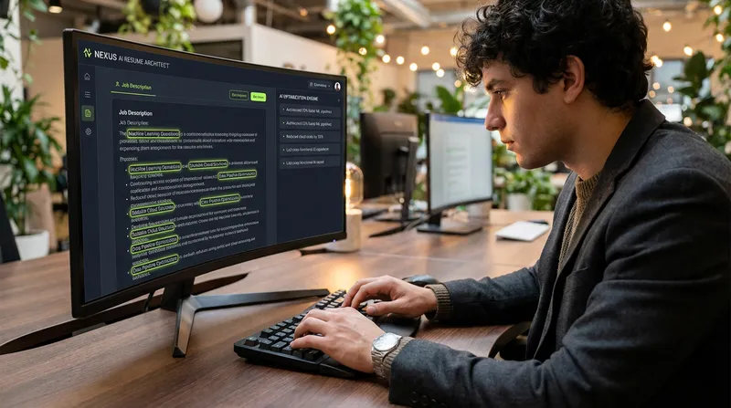 A focused professional sits at a sleek workstation, hands on an ergonomic keyboard, illuminated by an ultra-wide monitor displaying an advanced AI resume builder in dark mode with green keyword highlights and optimized AI-generated bullet points, conveying cutting-edge productivity and empowerment.