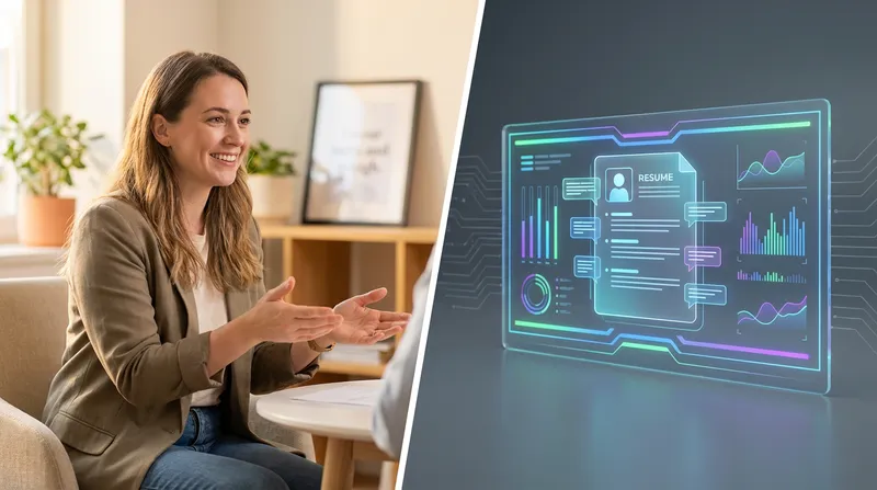 Split-screen image contrasting career development methods. On the left, a warm, soft-lit human career coach with an empathetic expression and inviting gestures sits in a comfortable office, symbolizing personalized guidance. On the right, a cool, sharp-lit, high-tech AI interface displays a dynamically generated resume with glowing elements and data visualizations, representing precision and data-driven efficiency.