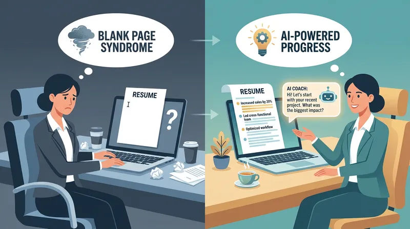 Split-screen illustration showing resume blank page syndrome on the left versus a job seeker using JobSparrow AI career coach to fill in achievements on the right.
