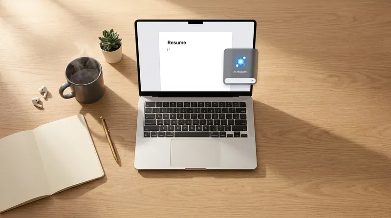 Flat lay of a sunlit wooden desk featuring a laptop with a blank resume document and an open AI coach chat window, next to a coffee mug and notebook.