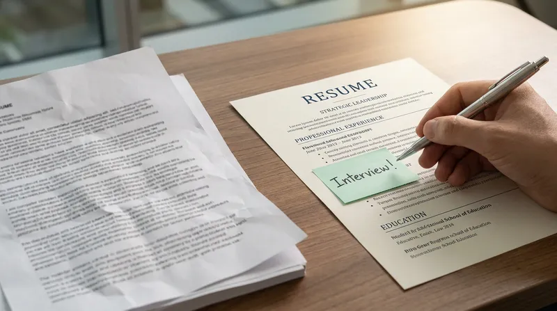 A close-up of a hiring manager's desk comparing a cluttered, out-of-focus resume on the left with a sleek, tailored resume on the right. A hand holds a pen over the tailored resume, which has a sticky note reading "Interview!"